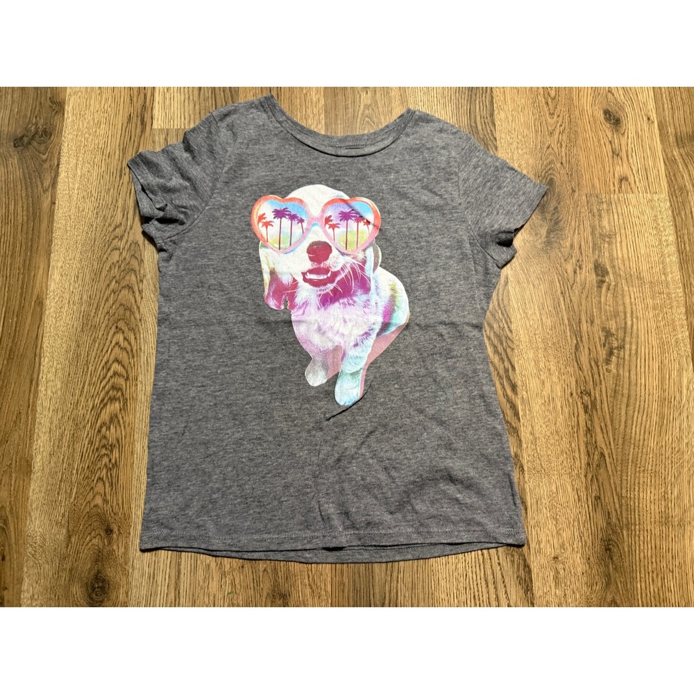 Old Navy Shirt Girls Size L (10-12) Gray Graphic Tee Dog Heart Sunglasses